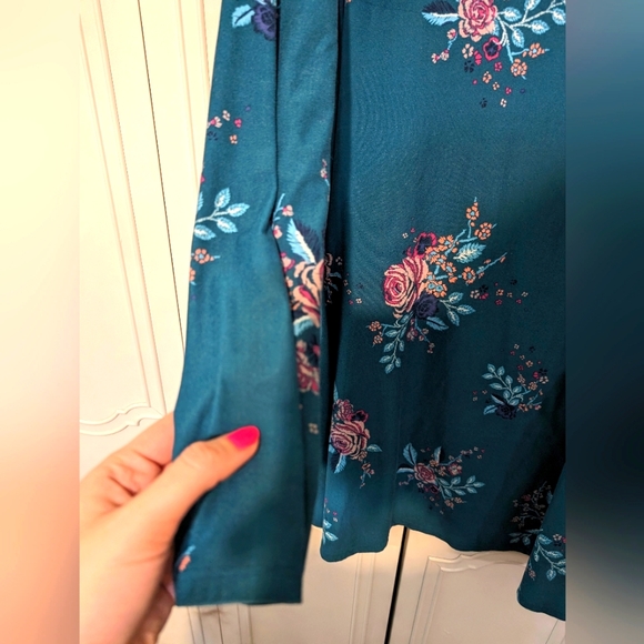 Teal blue & ๐ธ pink floral mini dress long sleeve strappy criss cross open back - Picture 13 of 13